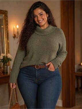 Torrid Plus Size Olive Green Ribbed Cowl Neck Sweater